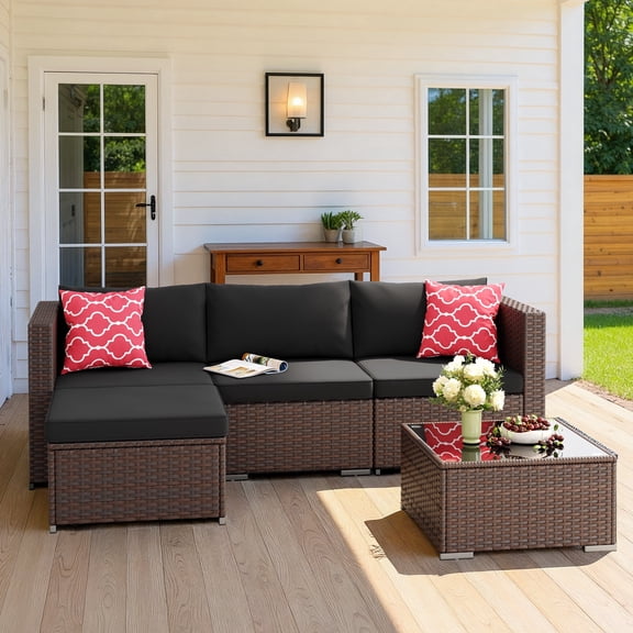 Asofer 5 PCS Outdoor Sectional Sofa Set,PE Wicker Rattan Patio Furniture Set with a Glass Coffee Table for Backyard,Porch,Poolside,Black
