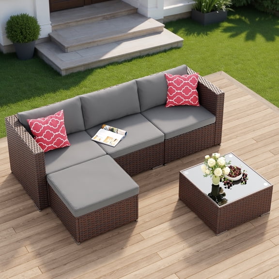 Asofer 5 PCS Patio Furniture Set, Outdoor Conversation Sectionals, Rattan Chairs Sofa with Cushion & Glass Table, Gray