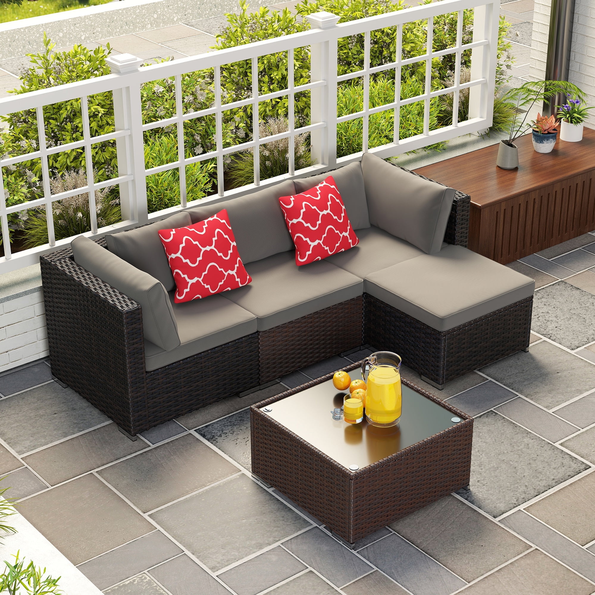 Patio Furniture Set on Sale Asofer 5 PCS Outdoor Sectional Furniture Sofa Set with Cushion Glass Table Gray