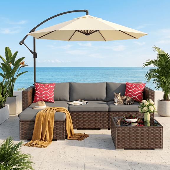Patio Furniture Sets on Sale, Asofer 5 PCS Outdoor Conversation Sofa with Soft Cushion & Coffee Tea