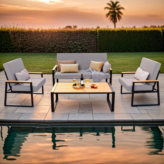 Patio Furniture Sets on Sale, Asofer 4 PCS Outdoor Conversation Sofa with Soft Cushion & Coffee Tea - Gray