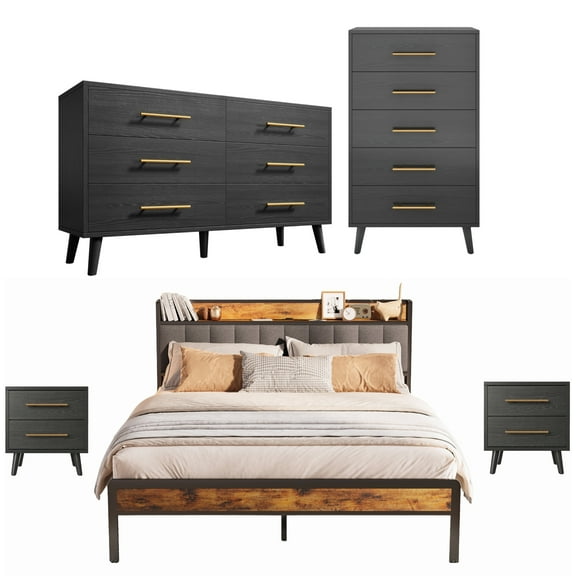 Asofer 5-Piece Black Bedroom Set: King Storage Bed Frame, 2 Nightstands, 5 & 6 Drawer Dressers