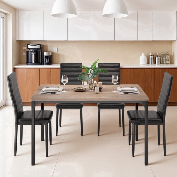 Asofer Dining Table Set for 4, Wood Dining Table with 4 PU Leather Chair for Home and Kitchen, Black