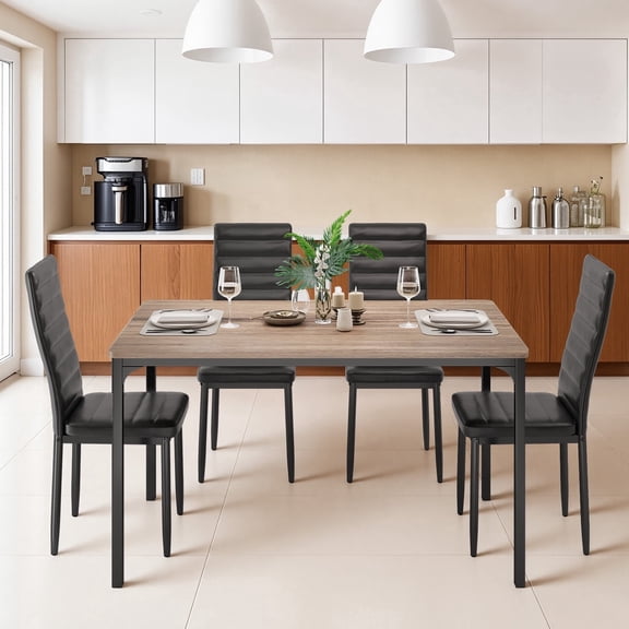 Asofer Dining Table Set for 4, Wood Dining Table with 4 PU Leather Chair for Home and Kitchen, Black