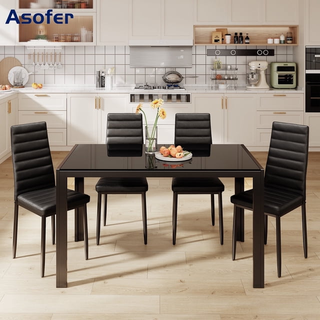 Asofer Dining Table Set for 4, Glass Dining Table with 4 PU Leather Chair for Home and Kitchen, Black