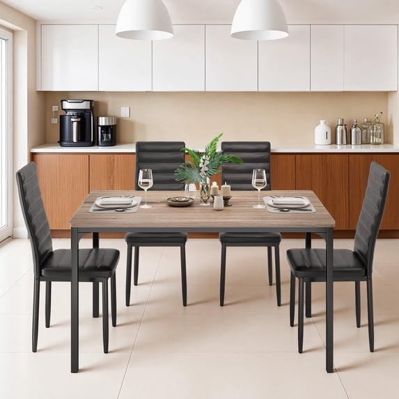 Asofer Dining Table Set for 4, Wood Dining Table with 4 PU Leather Chair for Home and Kitchen, Black