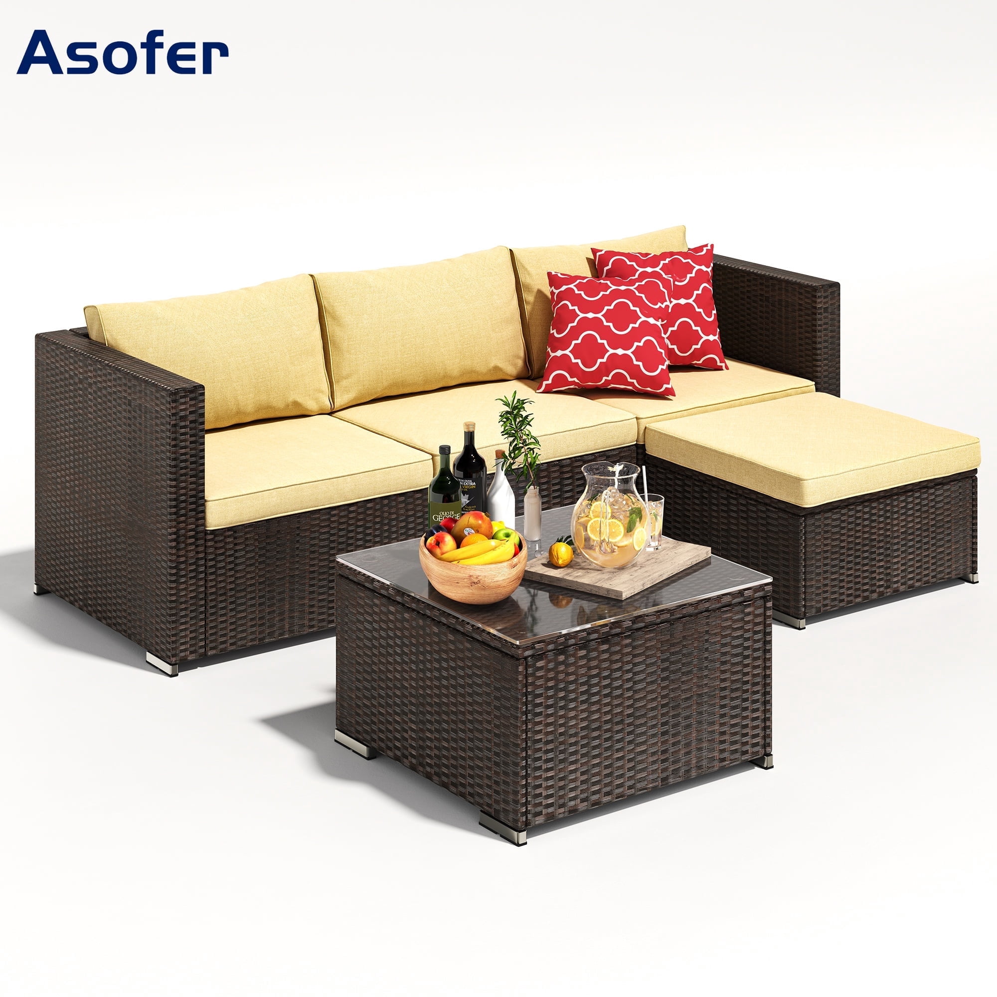 Asofer 5 Pieces Patio Furniture Set, Outdoor Conversation Sectionals, Wicker Chairs Sofa with Cushion and Glass Table,Beige
