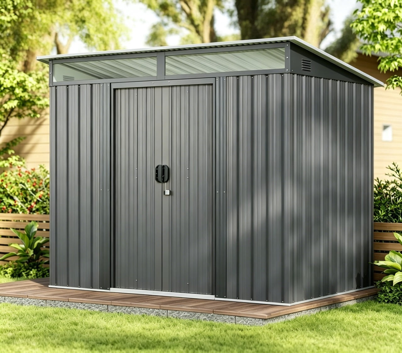 Asofer Dark Gray Weatherproof Steel Storage Shed, Heavy Duty Outdoor Tool Cabinet with Side Vent and Lockable Door