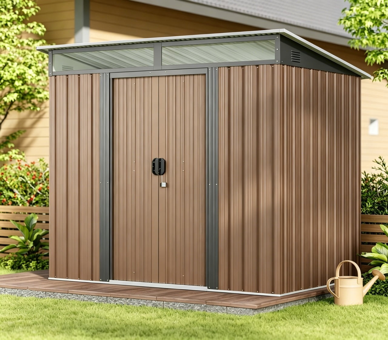 Lockable Double Door Metal Tool Shed, Asofer Brown Outdoor Storage Cabinet with Transparent Light Window for Patio Lawn