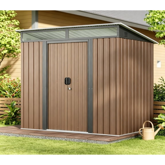 Lockable Double Door Metal Tool Shed, Asofer Brown Outdoor Storage Cabinet with Transparent Light Window for Patio Lawn