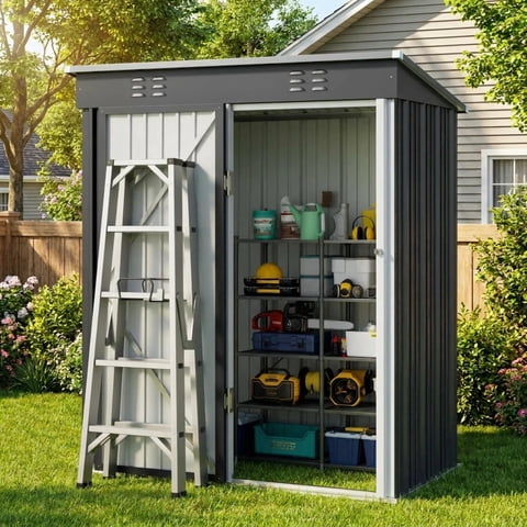 Asofer 5'x3' Heavy Duty Galvanized Metal Outdoor Storage Shed with Lockable Door for Lawn & Backyard, Dark Gray