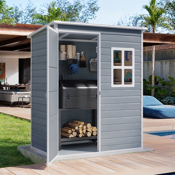 Asofer 5'x3' Outdoor Storage Shed, Heavy Duty Resin Shed Garden Tool Shed with Floor for Backyard, Patio, Upgraded Structure Frame, Brown