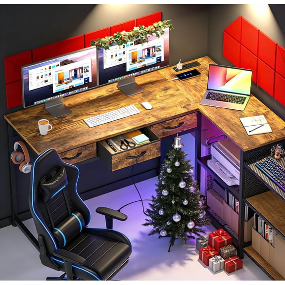 Asofer 53" L Shape Computer Desk, Gaming Desk for Home Office, Christmas Gift with 3 Drawers, Open Shelves & Integrated Power Outlet, Retro