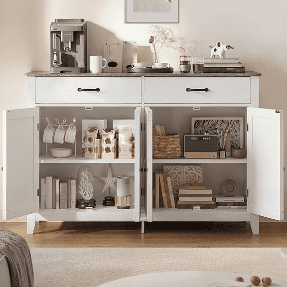 Asofer 55" Buffet Cabinet, Sideboard Buffet Cabinet with Storage, Kitchen Cabinet with 2 Drawers and 4 Doors, for Kitchen, Dining Room, Grey