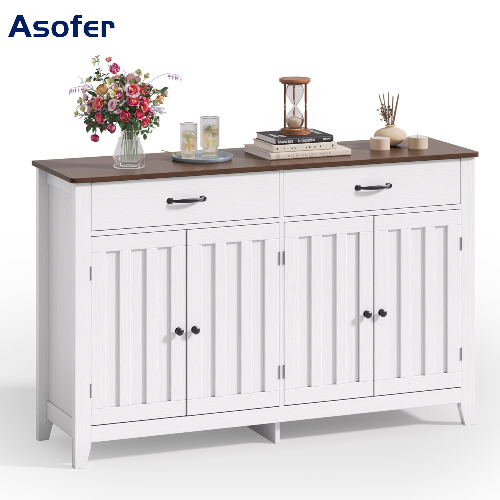 Asofer 55" Sideboard Buffet Cabinet with 4 Door 2 Drawer, Wood Storage Cabinet with Adjustable Shelves for Kitchen Dining Room, Retro - Walmart.com