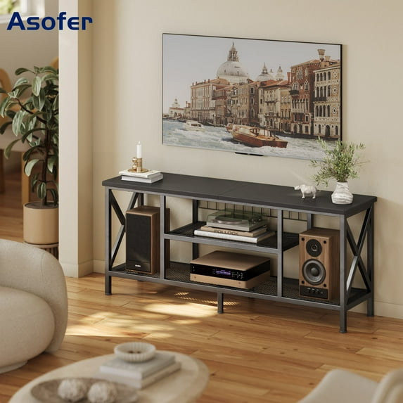 Asofer Industrial TV Stand for TVs up to 65" with 2 Open Storage Shelves and Metal Frame, Black
