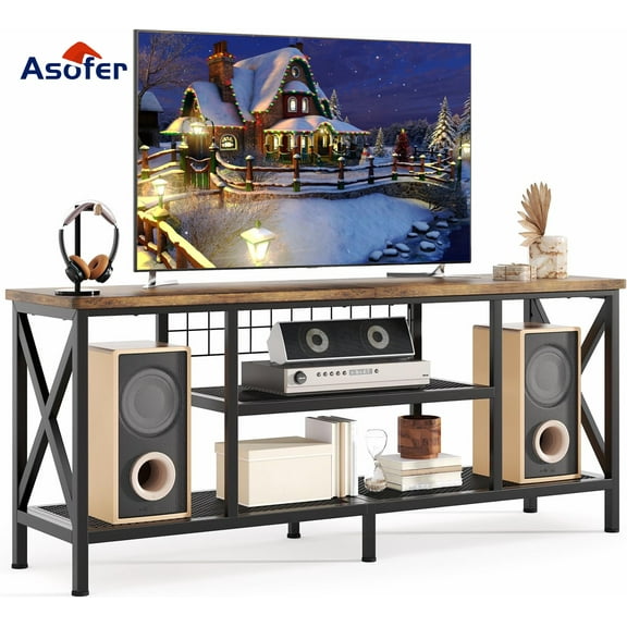 Asofer 59.8"L TV Stand for TVs up to 65" with Open Storage Shelves for Living Room, Rustic Brown