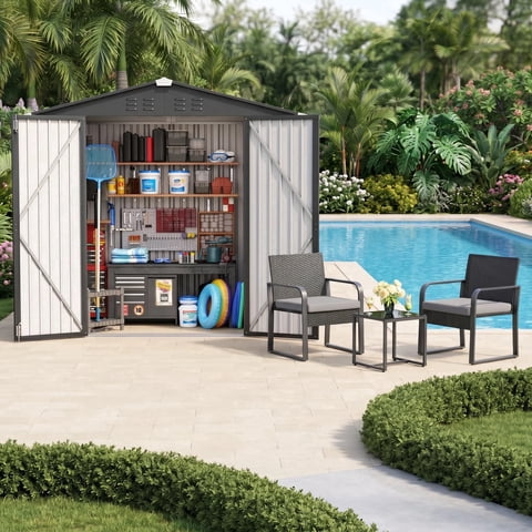 Asofer 6×4 FT Lockable Metal Garden Shed with 3PCS Outdoor Wicker Sofa Set, Complete All Weather Patio Storage & Lounge Furniture for Poolside Lawn