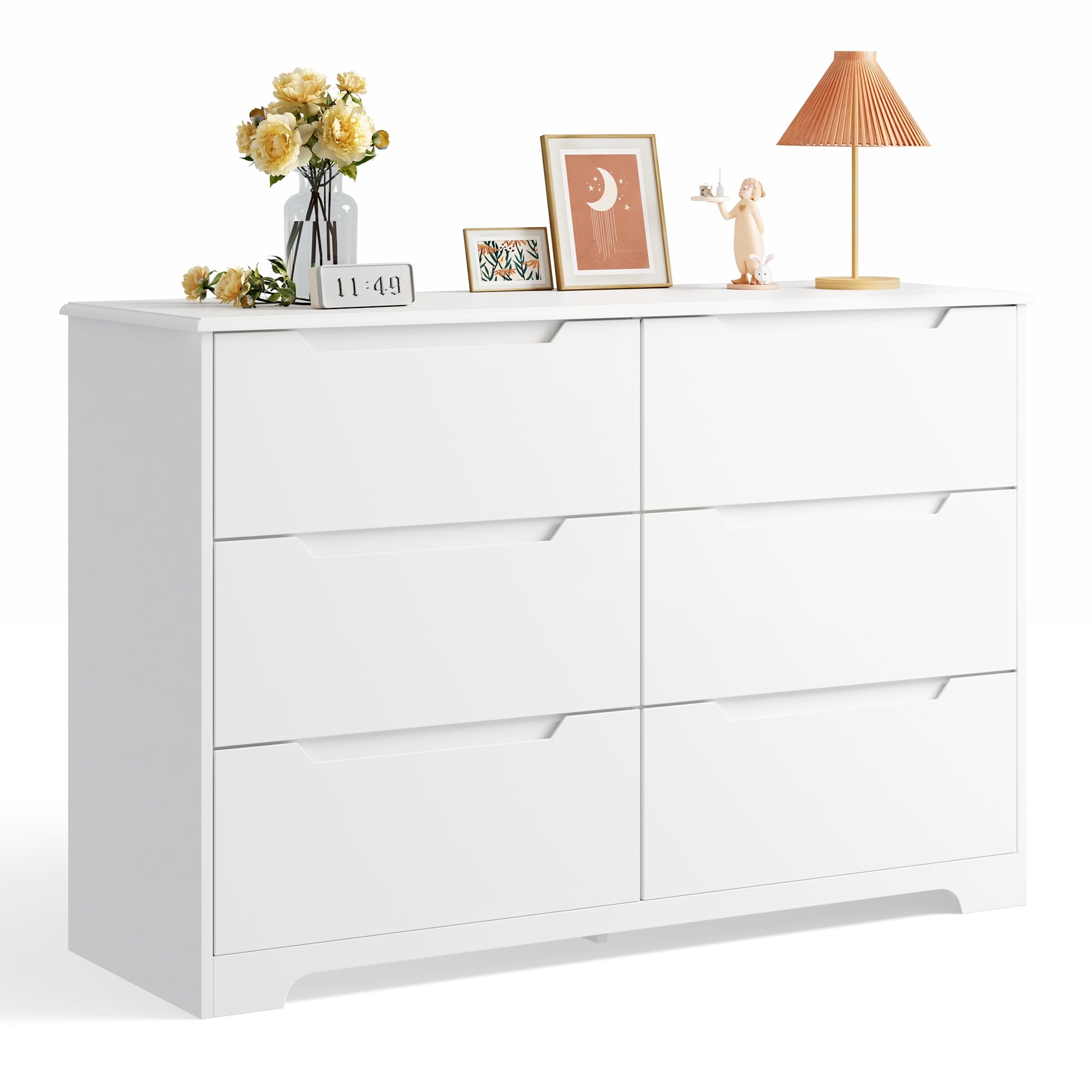 Asofer 6 Drawer Double White Dresser with Cutout Handle, Chest of Drawers for Bedroom, Nursery