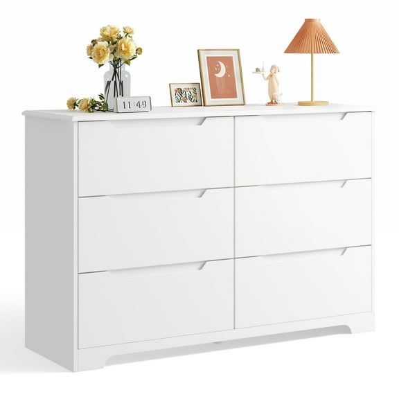 Asofer 6 Drawer Double White Dresser with Cutout Handle, Chest of Drawers for Bedroom, Nursery