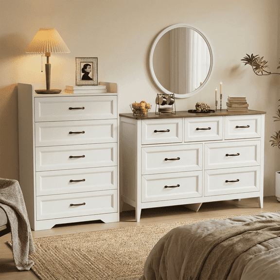 Asofer Bedroom Furniture Set - Includes 7 Drawer Dresser & 5 Drawer Dresser, Modern Dresser 3 Piece Bedroom Dresser and Nightstand Set, 6 Drawer Dresser & 3 Drawers Nightstand Set of 2, White