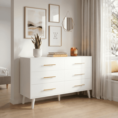 Dresser for Bedroom, Asofer 6-Drawer White Dresser with Metal Handle, Chest of Drawers for Living Room
