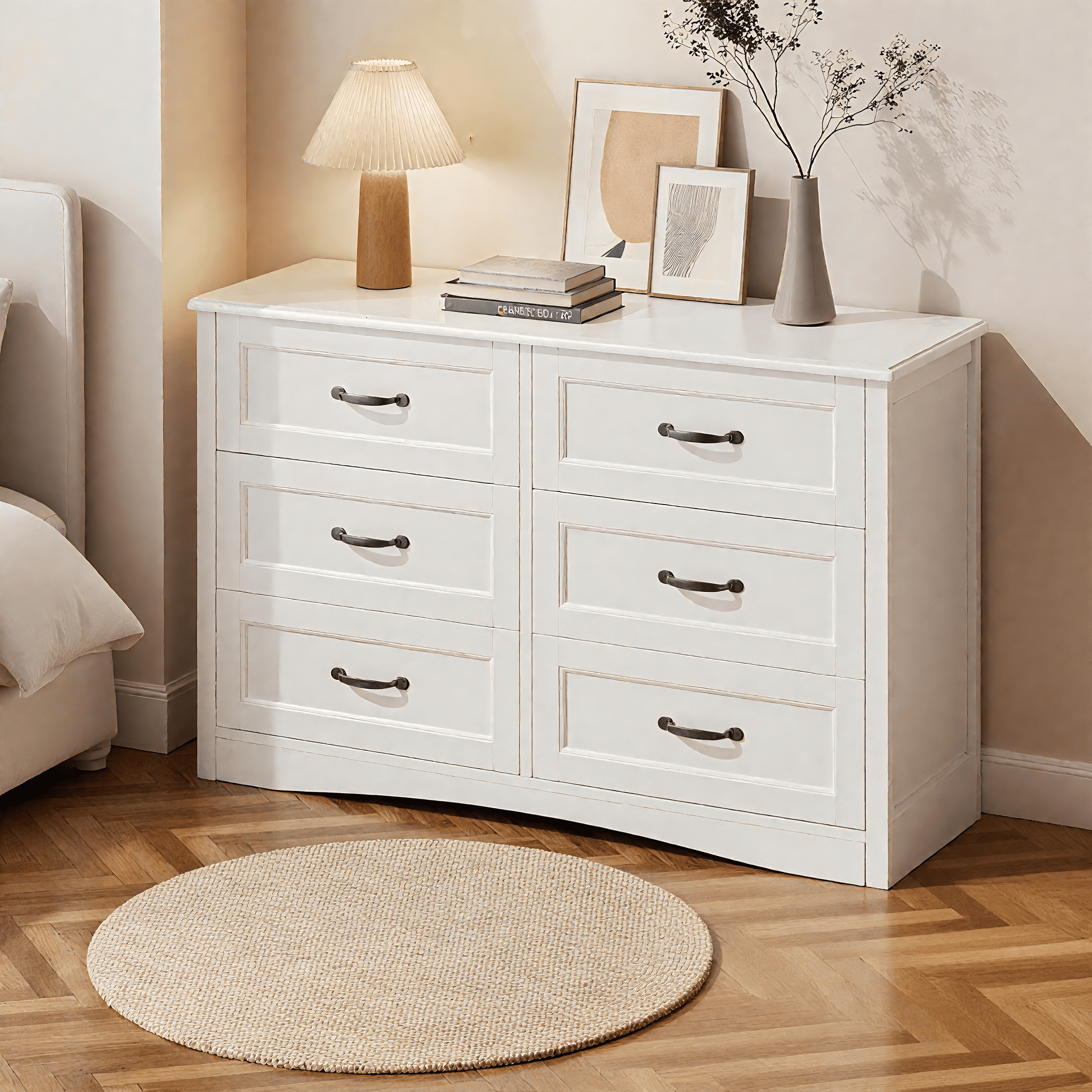 Asofer 6-Drawer White Dresser Cabinet, Sturdy Wood Double Chest for Bedroom