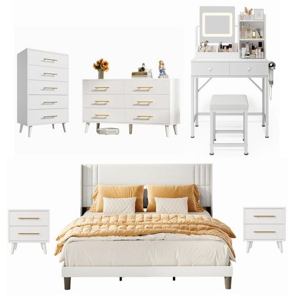 Asofer 6-Piece Bedroom Set, King Bed Frame, Makeup Vanity with LED Mirror, 5 & 6 Drawer Dressers, 2 Nightstands, White