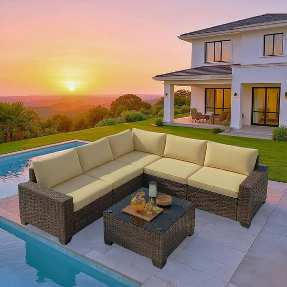 Asofer 6 Piece Outdoor Patio Conversation Sets,Spacious Patio Sectional Furniture Set with Adjustable Raised feet,Thicken Cushions and a Coffee Table for Courtyard,Poolside,Party,Beige