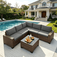 thumbnail image 1 of 6 Piece Outdoor Patio Conversation Sets,Asofer Spacious Patio Sectional Furniture Set with Adjustable Raised feet,Thicken Cushions and a Coffee Table for Courtyard,Poolside,Party,Gray, 1 of 9