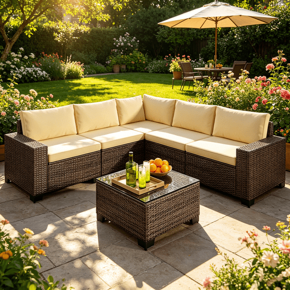 Asofer 6 Piece Outdoor Patio Conversation Sets,Spacious Patio Sectional Furniture Set with Adjustable Raised Feet,Thicken Cushions and A Coffee Table for Courtyard,Poolside,Party,Beige
