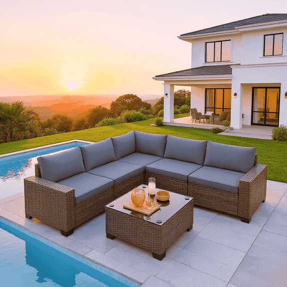 6 Piece Outdoor Patio Conversation Sets,Asofer Spacious Patio Sectional Furniture Set with Adjustable Raised feet,Thicken Cushions and a Coffee Table for Courtyard,Poolside,Party,Gray