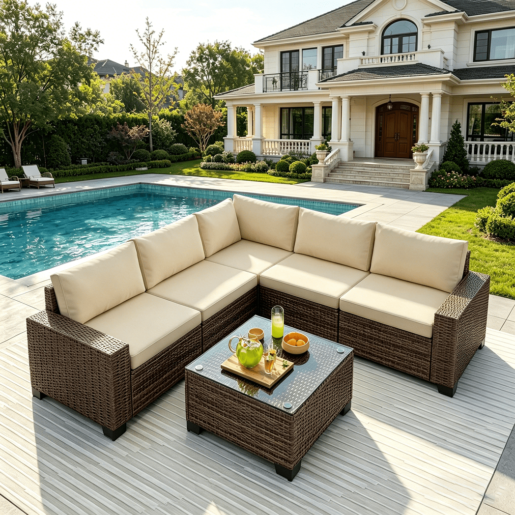 Asofer 6 Piece Outdoor Patio Conversation Sets，Spacious Patio Sectional Furniture Set with Adjustable Raised feet，Thicken Cushions and a Coffee Table for Courtyard,Poolside,Party,Beige