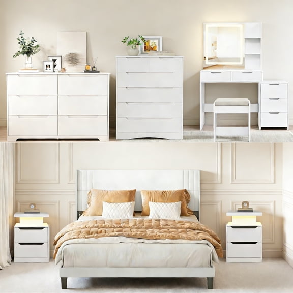 Asofer 6-Piece White Bedroom Set: King Bed Frame, LED Vanity, 2 Drawer Dressers and 2 Charging Nightstands
