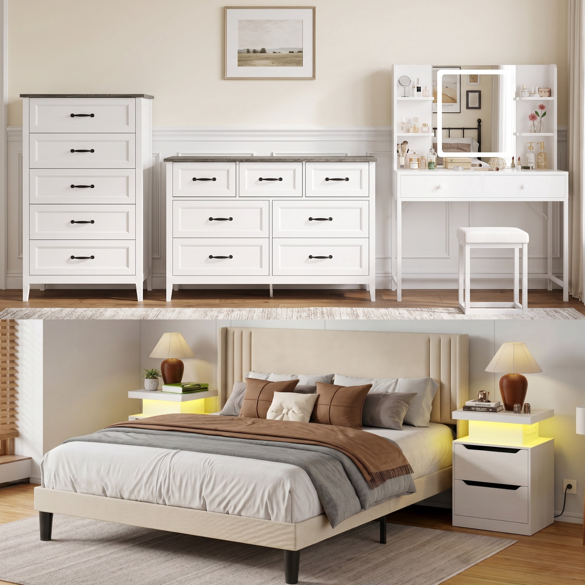 Asofer 6-Piece White Bedroom Set – Queen Bed Frame, LED Vanity, 2 Dressers, and 2 Nightst