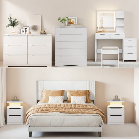 Asofer 6-Piece White Bedroom Set: Queen Bed Frame, LED Vanity, 2 Drawer Dressers and 2 Charging Nightstands