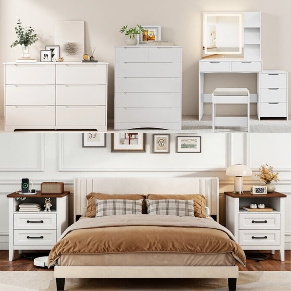 Asofer 6-Piece White Bedroom Set: Queen Bed Frame, LED Vanity, 2 Drawer Dressers and 2 Charging Nightstands