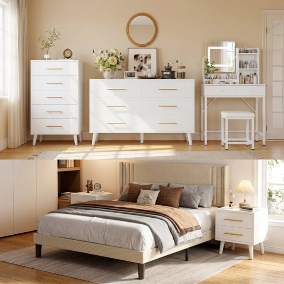 Asofer 6-Piece Bedroom Set with Lighted Dresser, Queen Size Bed, 2 Chests of Drawers and 2 Nightstands, White