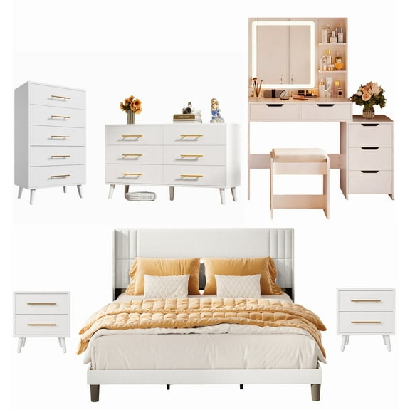 Asofer 6-piece bedroom set with lighted dresser, queen-size bed, 2 chests of drawers and 2 nightstands, white