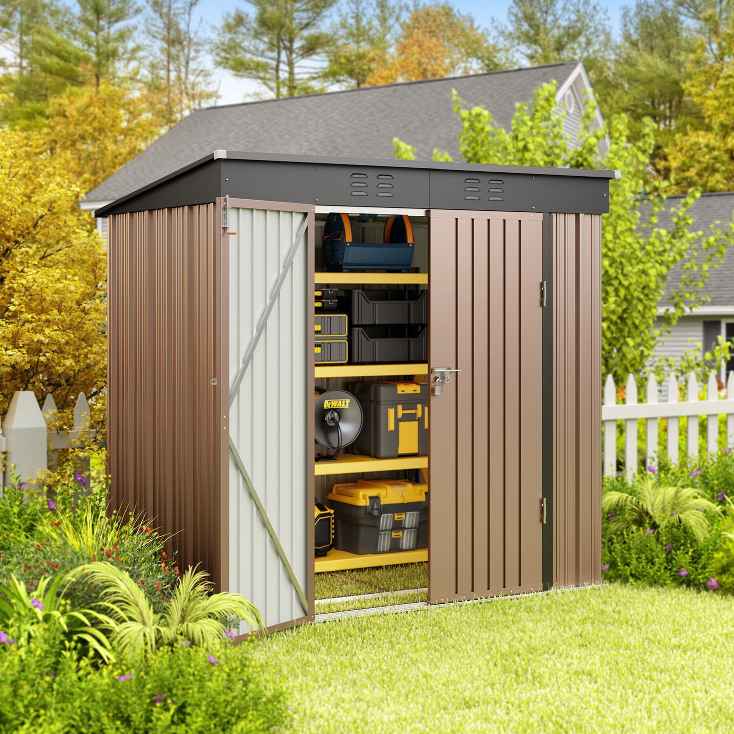Asofer 6x4 FT Alloy Steel Outdoor Storage Shed, Double Lockable Door Utility Tool Shed, All Weather Metal Garden Shed, Brown