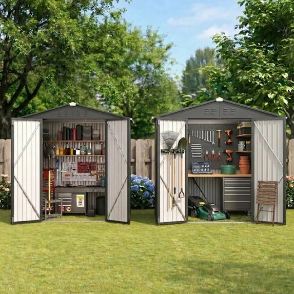 Asofer 6'x4' & 8'x6' Combo Metal Storage Shed, Galvanized Steel Lockable Outdoor Tool Shed for Backyard Patio All Weather