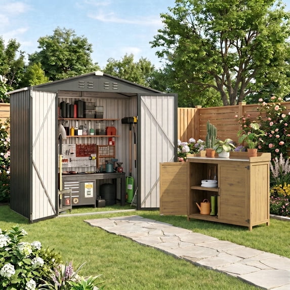 Asofer 6'x4' Galvanized Metal Storage Shed & Solid Wood Garden Storage Potting Table 2-in-1 Bundle, All Weather Backyard Tool & Workspace Combo