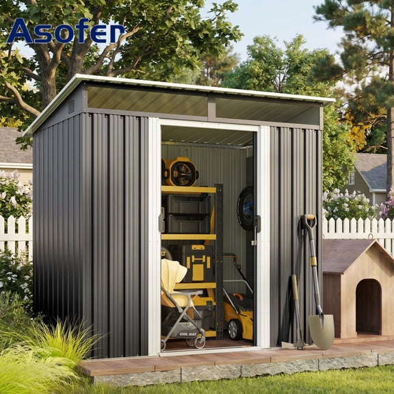 Asofer 6'x4' Metal Outdoor Storage Shed, Sliding Lockable Doors & Transparent Windows, Weatherproof for Backyard Patio, Gray