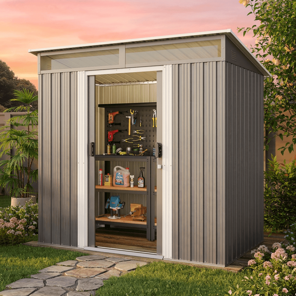 Asofer 6'x4' Outdoor Storage Shed with Window, Heavy Duty Galvanized Steel Metal Shed for Backyard & Patio, Dark Gray