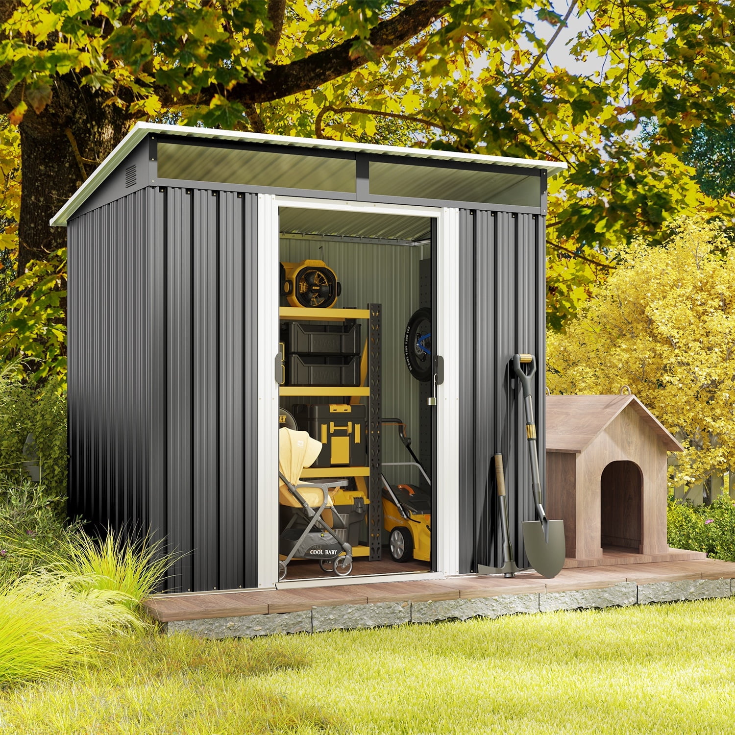 Walmart exclusive discounts  Asofer 6' x 4' FT Outdoor Storage Shed Metal Shed, with Sloping Roof and 2 Lockable Door, Dark Gray