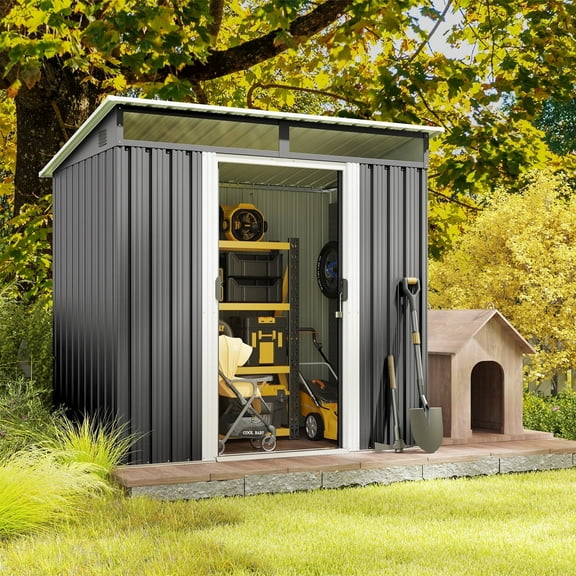 Asofer 6' x 4' FT Outdoor Storage Shed Metal Shed, with Sloping Roof and 2 Lockable Door, Dark Gray