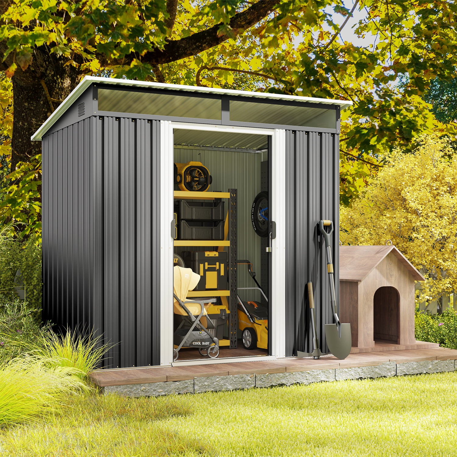 Asofer 6'x4' Outdoor Storage Shed, Metal Shed with Sliding Lockable Doors, Transparent Panel Windows, Versatile Shed for Backyard, Patio, Gray