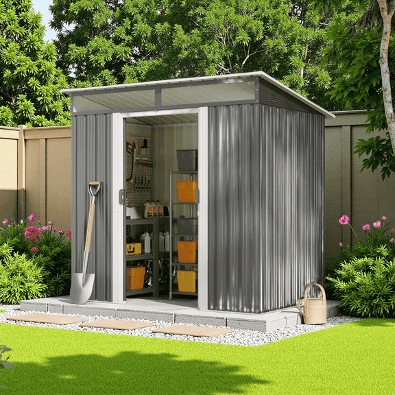 Asofer 6'x4' Outdoor Storage Shed with Sliding Lockable Doors, Transparent Panel Windows, Versatile Tool Bike Shed for Backyard, Patio, Gray