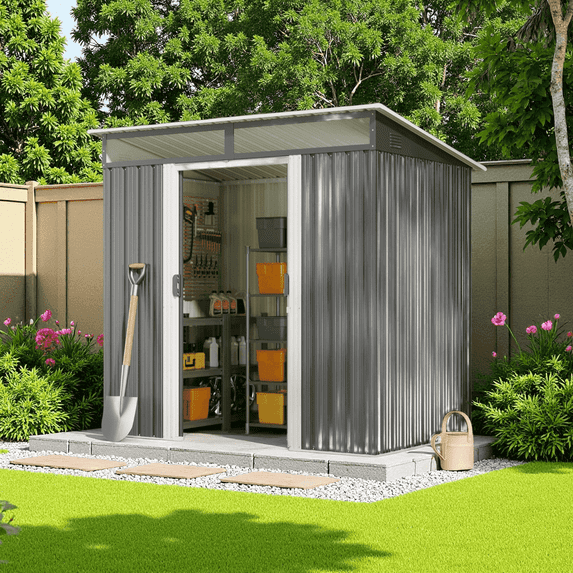 Asofer 6'x4' Outdoor Storage Shed with Sliding Lockable Doors, Transparent Panel Windows, Versatile Tool Bike Shed for Backyard, Patio, Gray