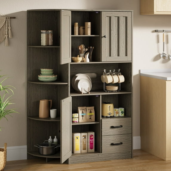 Asofer 60-inch Pantry Cabinet with 3 Doors & 2 Drawers, Adjustable Shelves, Gray